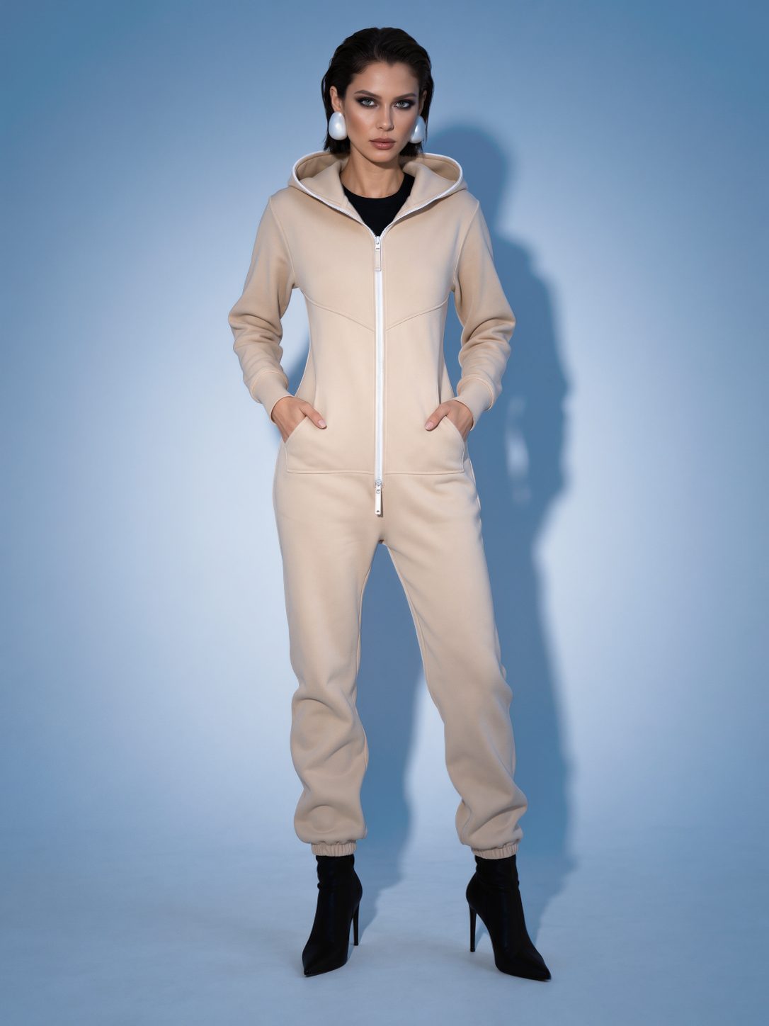 Women's warm fleece-lined jumpsuit Original beige with hood, full length | THE ONE