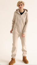 Original beige jumpsuit with hood, front view with boots | THE ONE