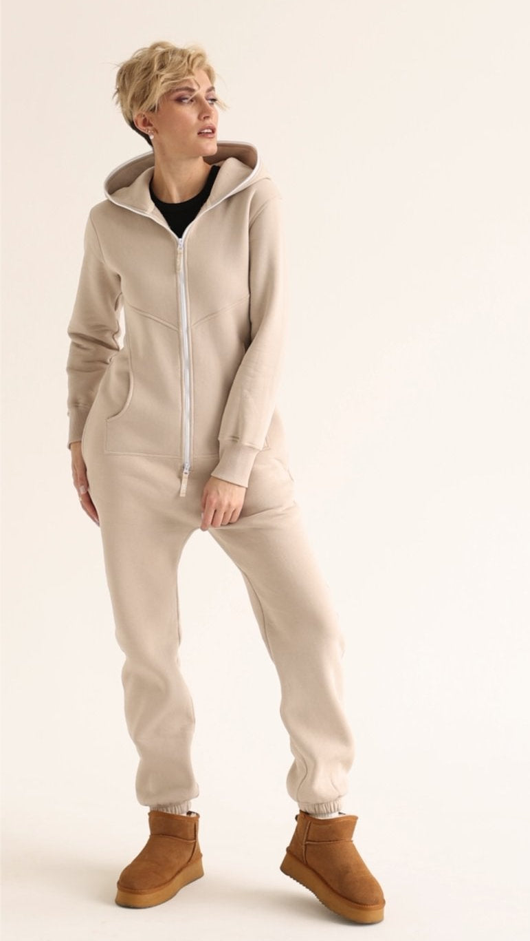 Original beige jumpsuit, front view: minimalist and soft | THE ONE