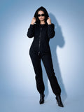 Women's warm fleece-lined jumpsuit Original black with hood, full length | THE ONE