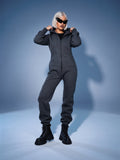Women's warm fleece-lined jumpsuit Original graphite, full length, hands on the hood | THE ONE