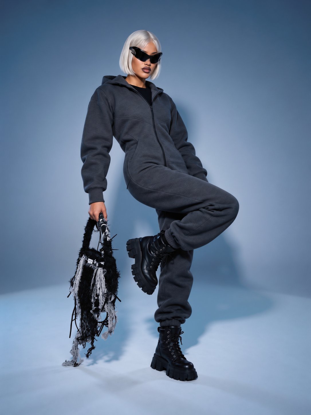 Original graphite jumpsuit with knee raised: moves freely | THE ONE