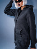 Original graphite jumpsuit with hood, side view: hourglass silhouette | THE ONE