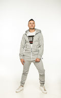 Men's warm fleece-lined jumpsuit Original grey over a THE ONE T-shirt, full length