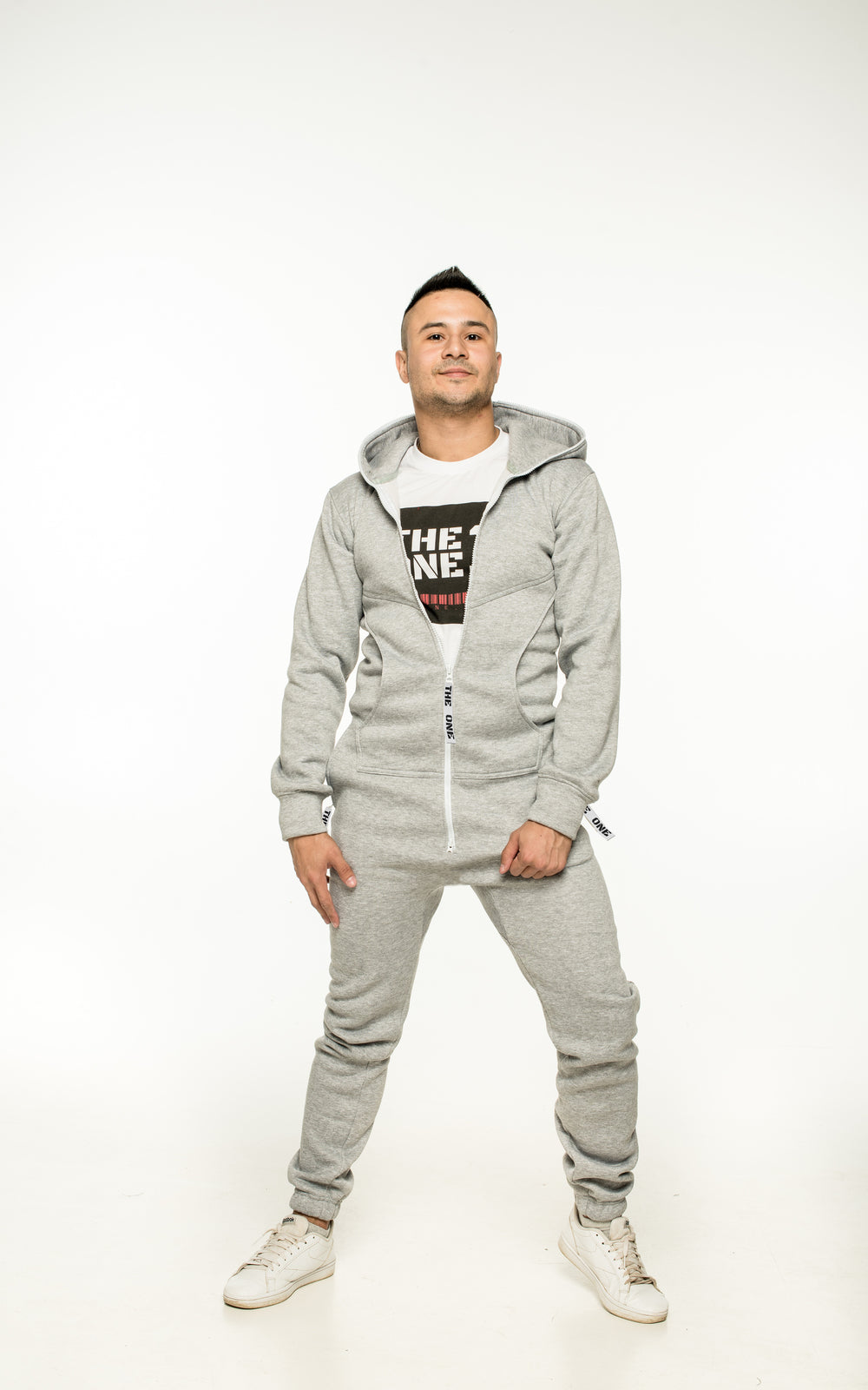 Men's warm fleece-lined jumpsuit Original grey over a THE ONE T-shirt, full length
