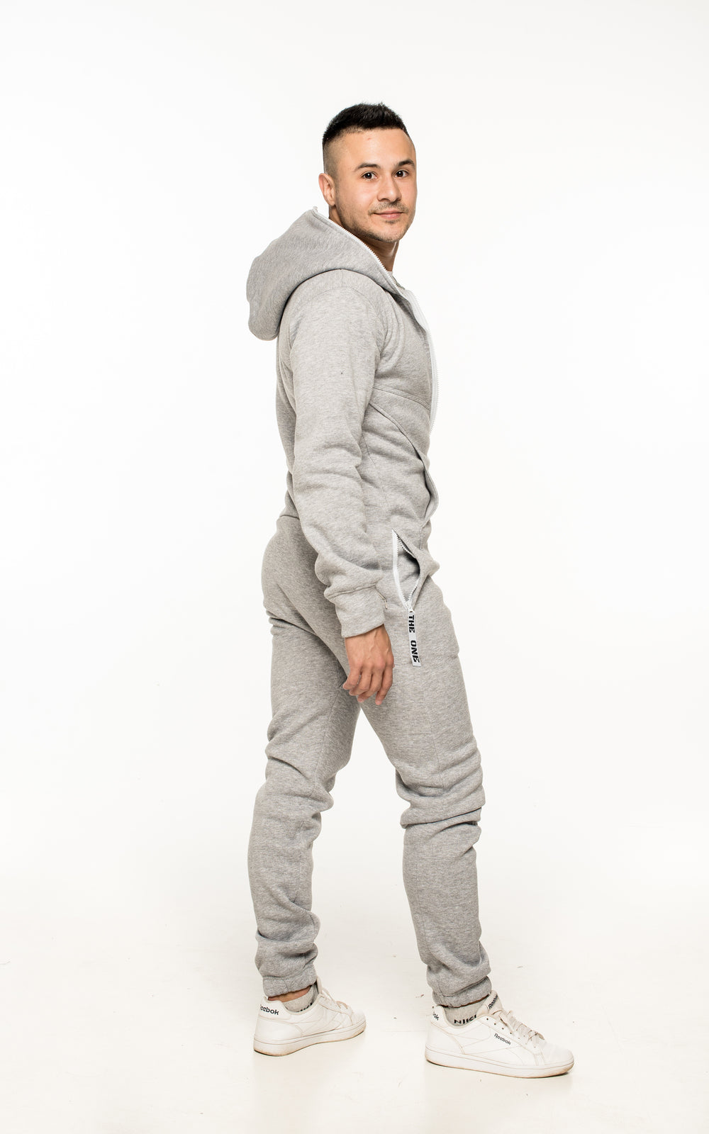 Men's warm fleece-lined jumpsuit Original grey over a THE ONE T-shirt, full length