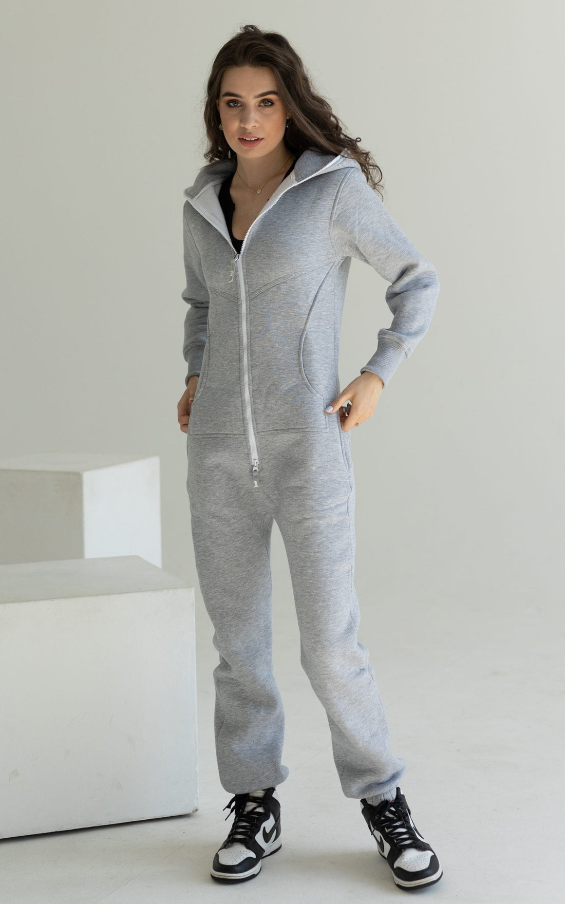 Women's warm fleece-lined jumpsuit Original grey with sneakers, full length | THE ONE