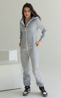 Women's warm fleece-lined jumpsuit Original grey with sneakers, full length | THE ONE