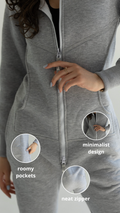 Original grey jumpsuit close-up: minimalist design, roomy pockets, neat zipper | THE ONE