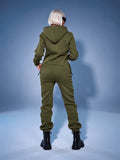 Original khaki jumpsuit, back view: hood, back and lower back covered | THE ONE