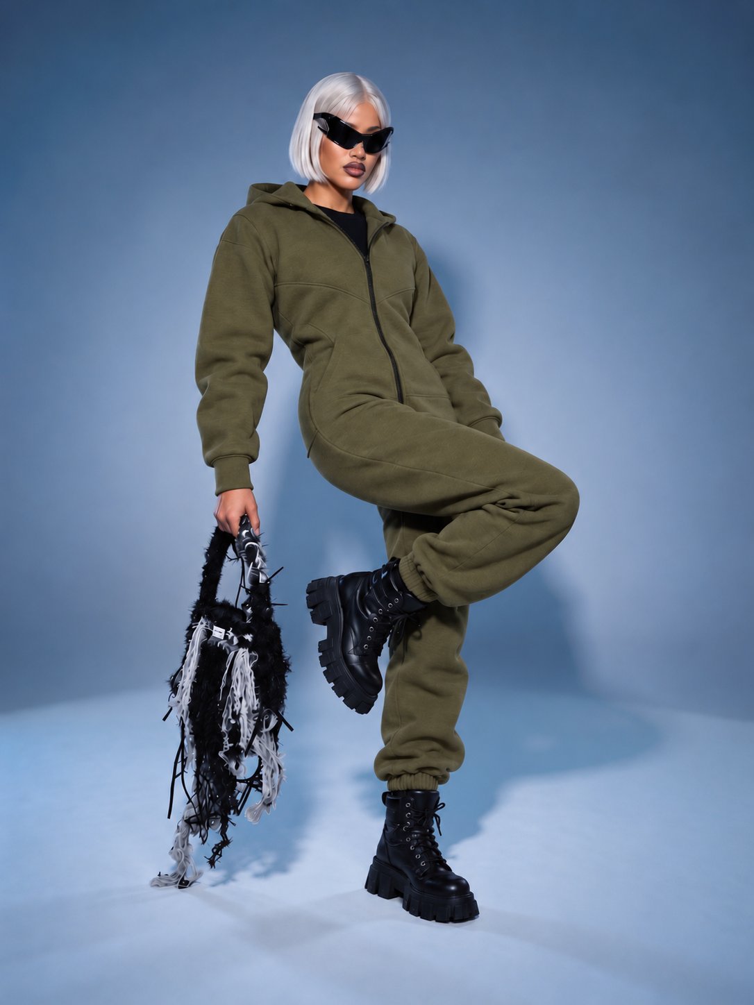 Original khaki jumpsuit with knee raised: moves freely | THE ONE
