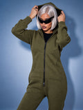 Original khaki jumpsuit with hood up, close-up | THE ONE