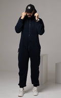 Men's warm fleece-lined jumpsuit Original navy with cap, full length | THE ONE