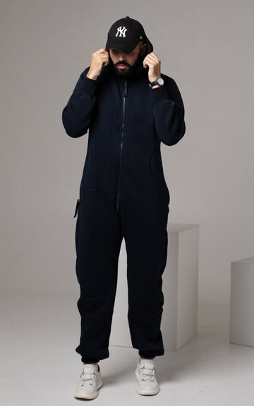 Men's warm fleece-lined jumpsuit Original navy with cap, full length | THE ONE
