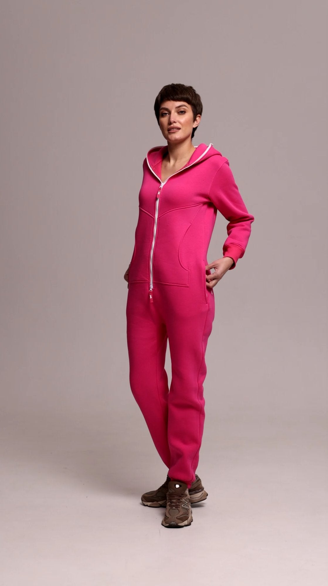 Women's warm fleece-lined jumpsuit Original pink, full length | THE ONE