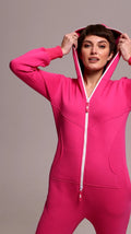 Original pink jumpsuit, putting on the hood | THE ONE