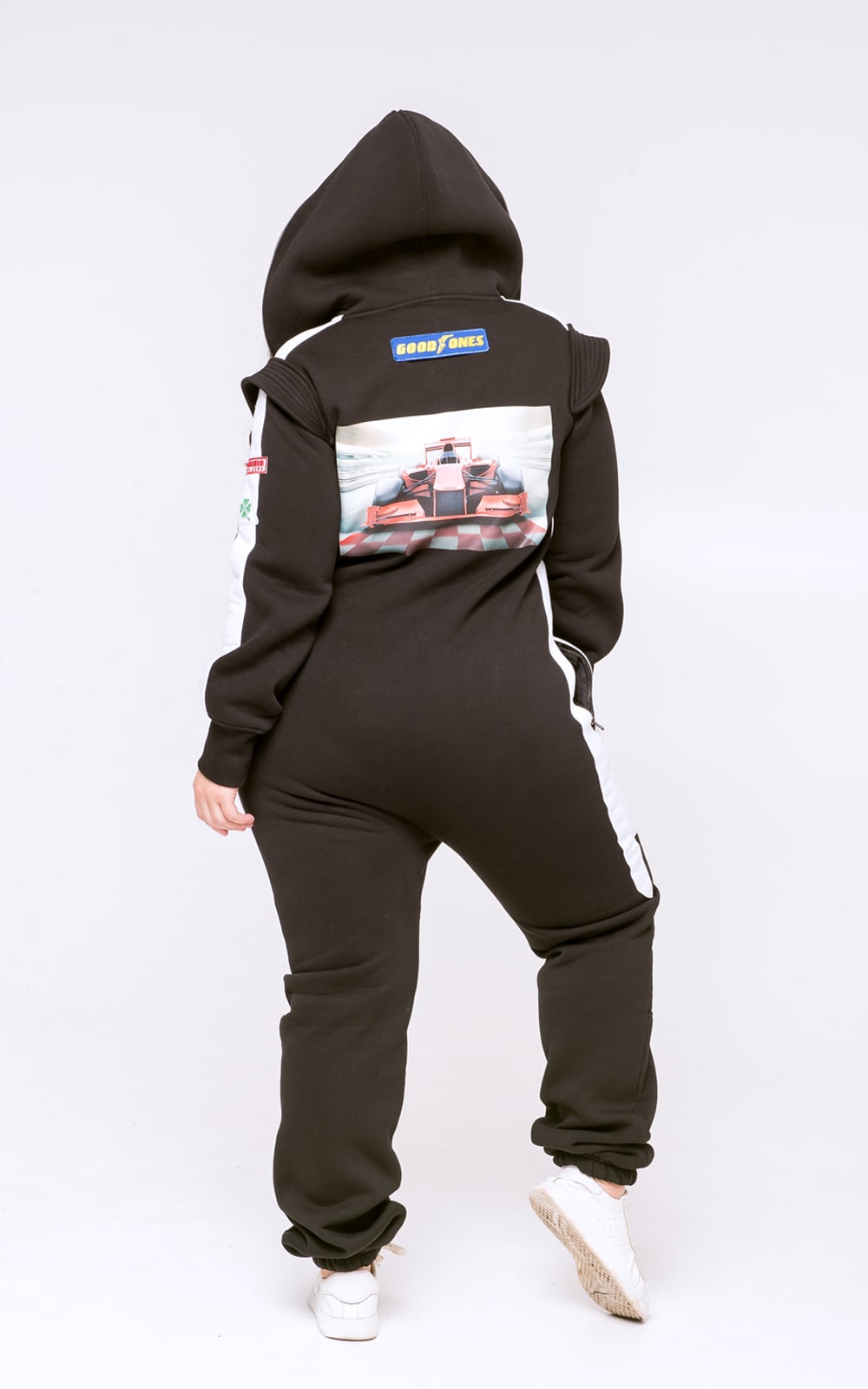 Women's warm fleece-lined jumpsuit Race black with racing stripes, full length: fits the figure | THE ONE
