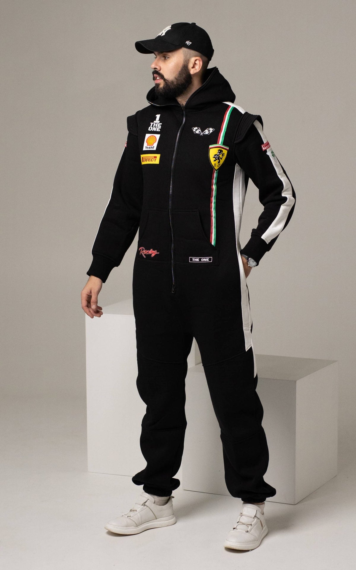 Men's warm jumpsuit Race black with racing stripes: inverted-triangle silhouette, city look | THE ONE