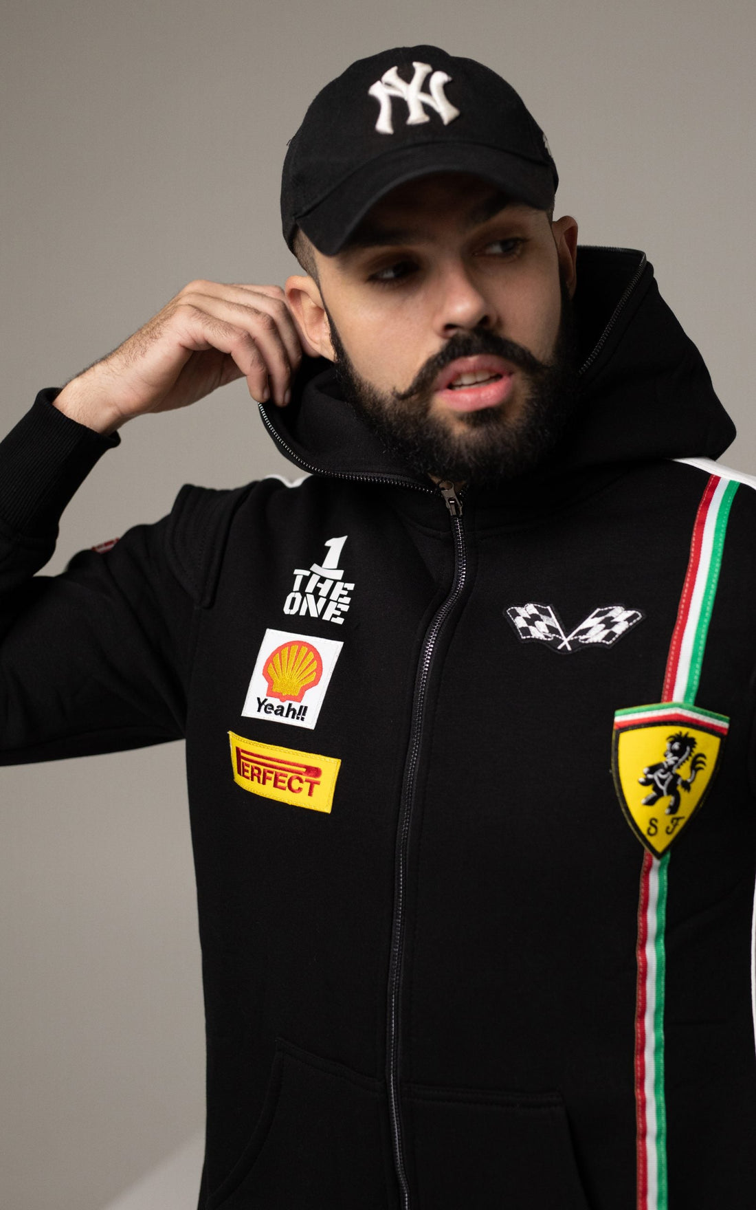 Men's warm jumpsuit Race black with racing stripes: inverted-triangle silhouette, city look | THE ONE