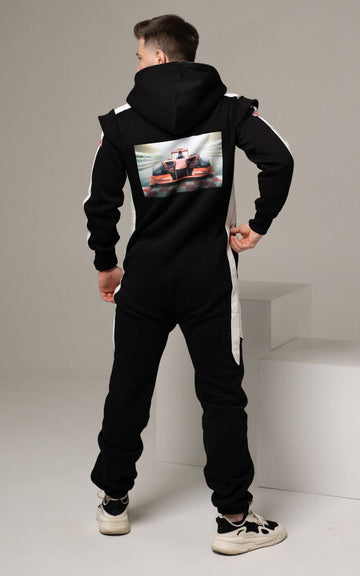 Men's Race black jumpsuit with hood, back view: racing car print | THE ONE