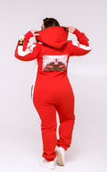 Race red jumpsuit with hood, back view: racing print, back and lower back covered | THE ONE