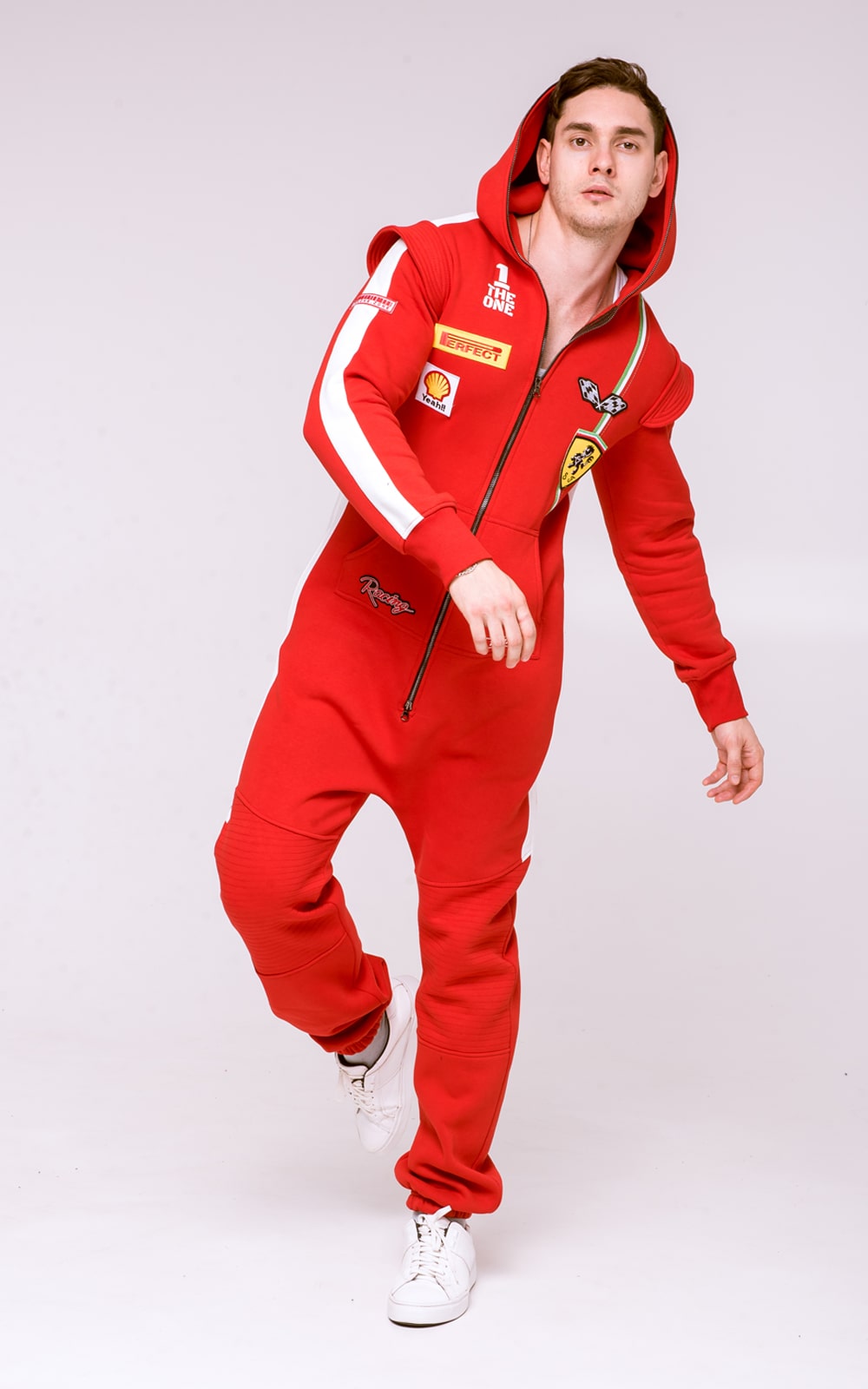 Men's warm jumpsuit Race red with hood up, in motion: moves freely | THE ONE