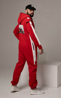 Men's Race red jumpsuit, back view: racing car print and white stripes | THE ONE