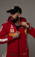 Men's warm fleece-lined jumpsuit Race red close-up: racing patches and THE ONE logo