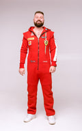Men's warm fleece-lined jumpsuit Race red with racing stripes, full length | THE ONE