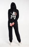 Women's warm jumpsuit Skull and Roses black, back view: skull print and hood | THE ONE