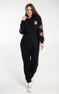 Women's warm fleece-lined jumpsuit Skull and Roses black with embroidered roses, full length | THE ONE