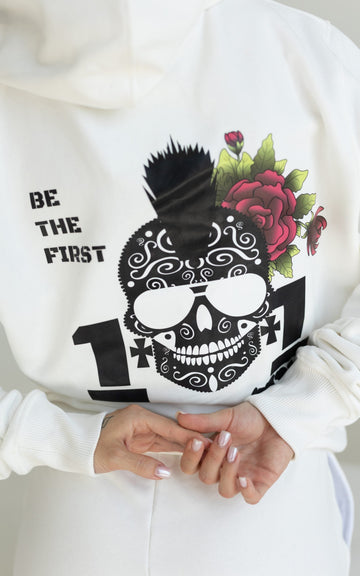 Warm Hoodie Skull and Roses white