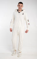 Men's warm fleece-lined jumpsuit Skull and Roses white, full length | THE ONE