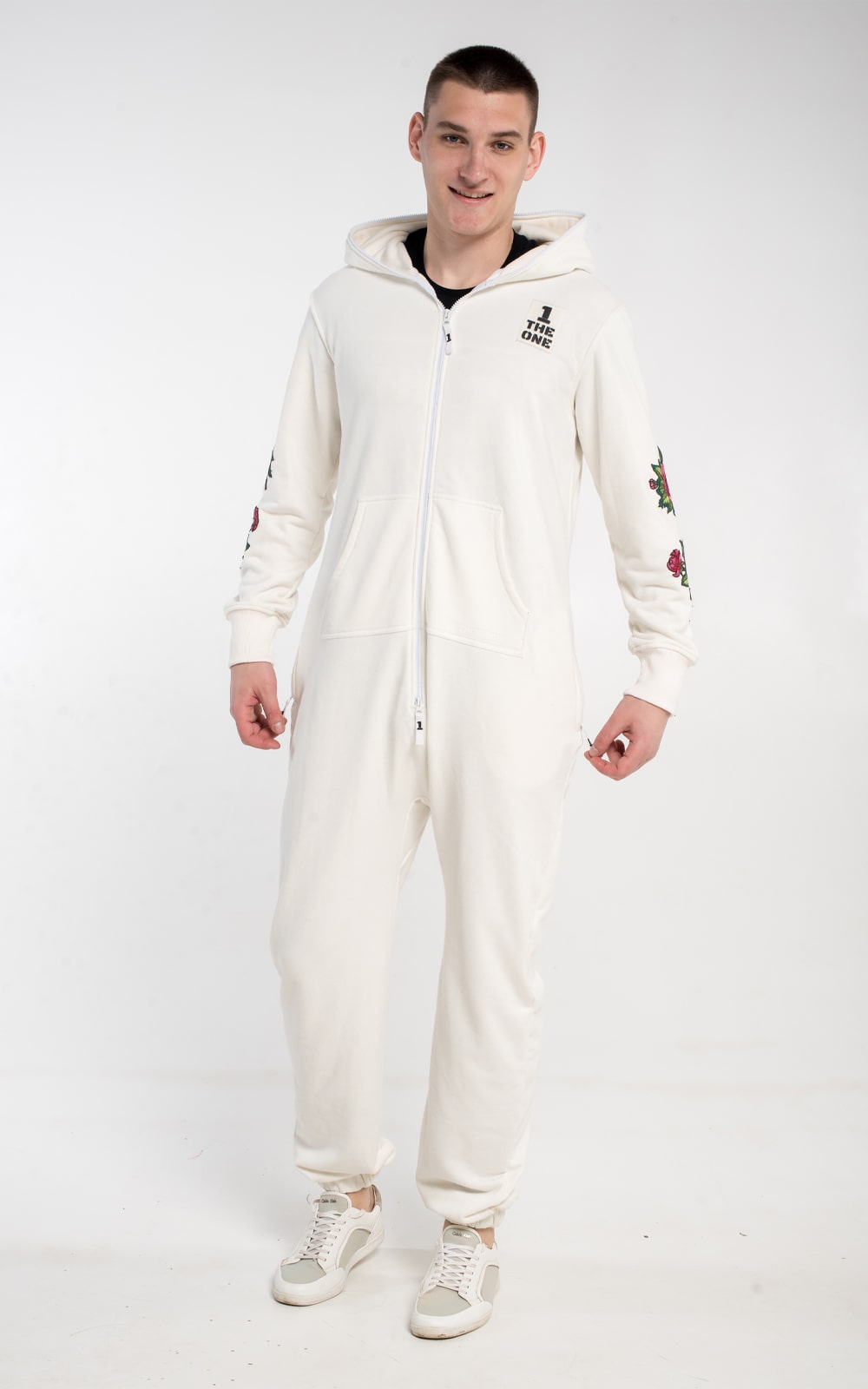 Men's warm fleece-lined jumpsuit Skull and Roses white, full length | THE ONE