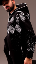 Men's warm jumpsuit Snowy black with Nordic print, hood and white trim | THE ONE