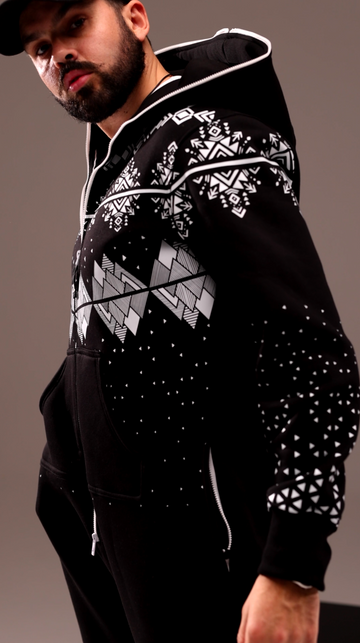 Men's warm jumpsuit Snowy black with Nordic print, hood and white trim | THE ONE