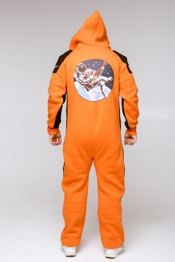 Warm jumpsuit Space X orange, back view: astronaut print and hood | THE ONE