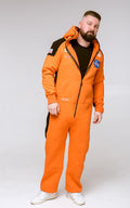 Men's warm fleece-lined jumpsuit Space X orange with space patches, full length | THE ONE