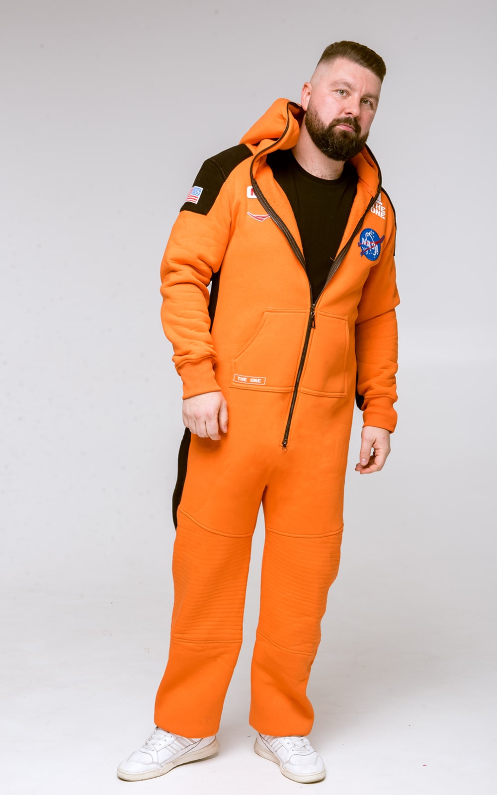 Men's warm fleece-lined jumpsuit Space X orange with space patches, full length | THE ONE