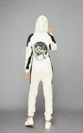 Women's Space X white jumpsuit with hood up, back view | THE ONE