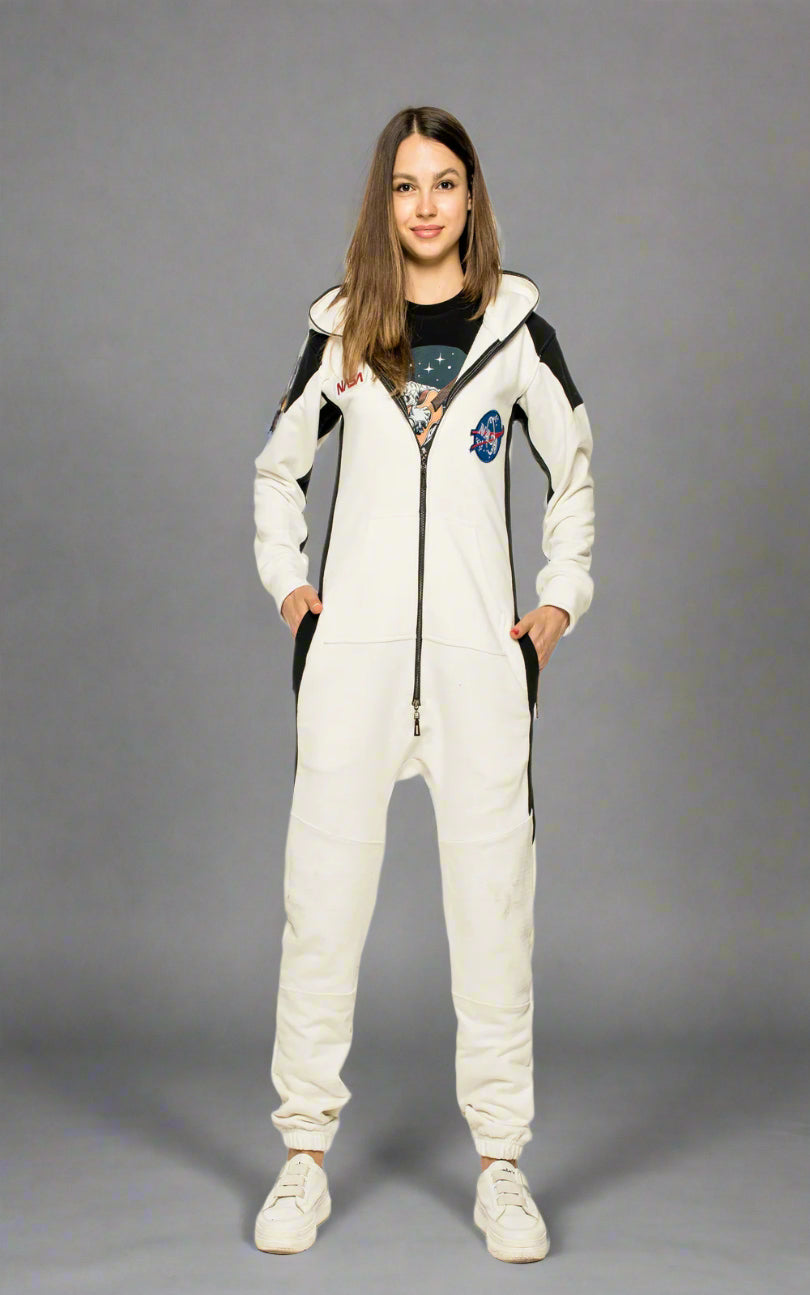 Women's warm fleece-lined jumpsuit Space X white, full length: fits the figure | THE ONE