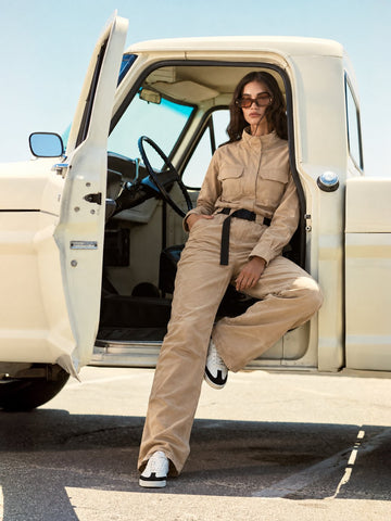 Lightweight cotton jumpsuit Urban beige with belt, by a vintage pickup | THE ONE